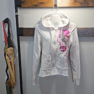 Avirex Y2K White Hoodie with Pink Koi Metallic Floral Design Britney Paris